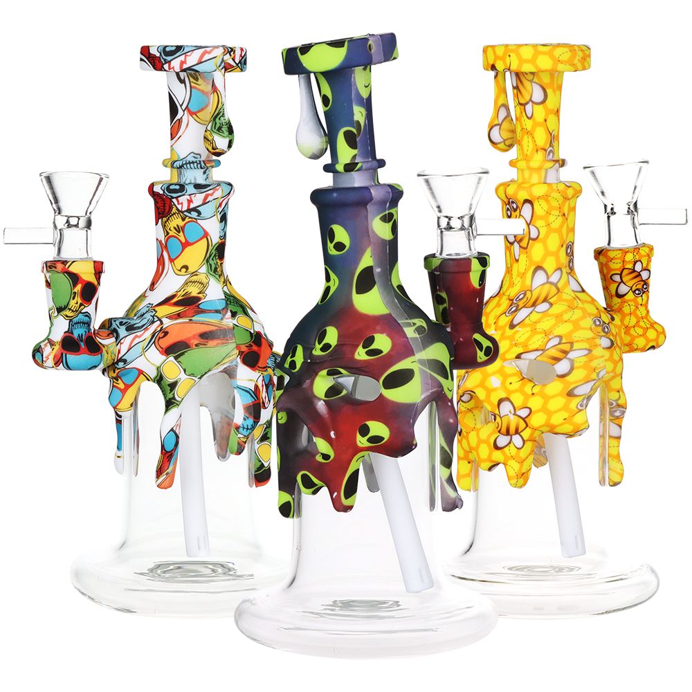 Masked Silicone & Glass Water Pipe - 7.5" / 14mm F / Designs Vary