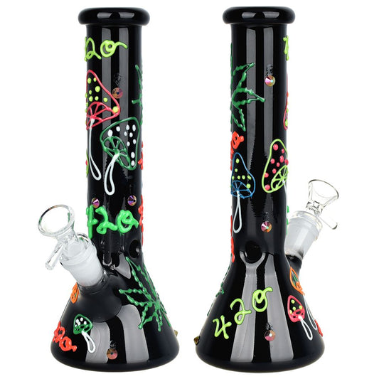 Hemp Leaf Glow In The Dark Beaker Glass Bong - 9.25" / 14mm F
